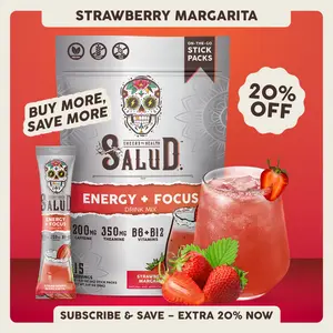 Salud 2-in-1 [Energy + Focus – Strawberry Margarita] Clean Energy Drink Mix, Agua Fresca, Organic Caffeine, B6 & B12, L-Theanine, Drink Packets, Non-GMO, Gluten Free, Vegan, Low Calorie, 1g Sugar (15 Servings)