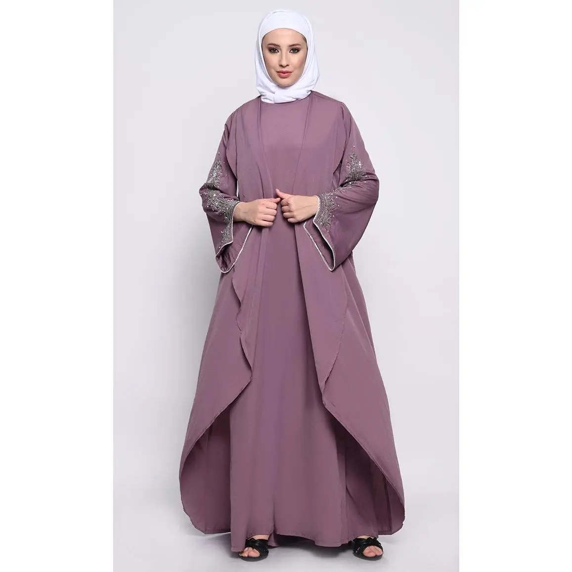 Chic Layered Crepe Abaya with Embroidered Bell Sleeves