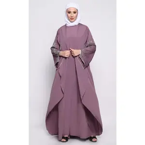 Chic Layered Crepe Abaya with Embroidered Bell Sleeves