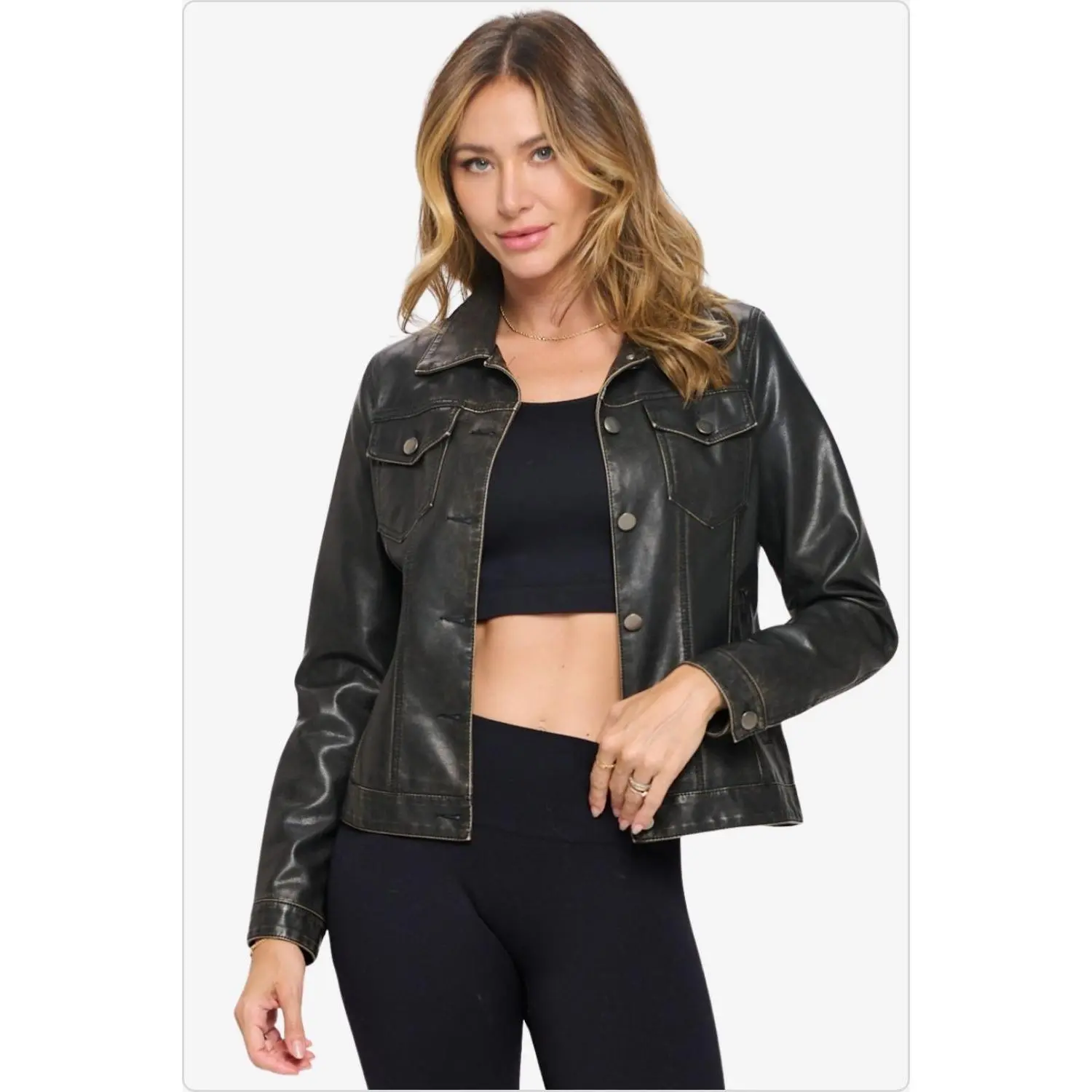 Women's Cargo Vegan Leather Shacket in Black