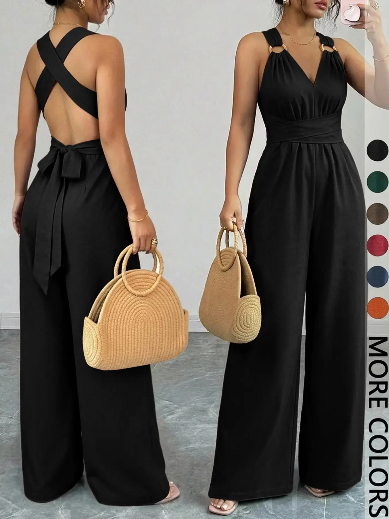1 Piece Sleeveless V-Neck Adjustable Tie-Waist Wide-Leg Jumpsuit, Women's Jumpsuit, Casual Summer Vacation Wear Style, Adjustable Romper Jumpsuit