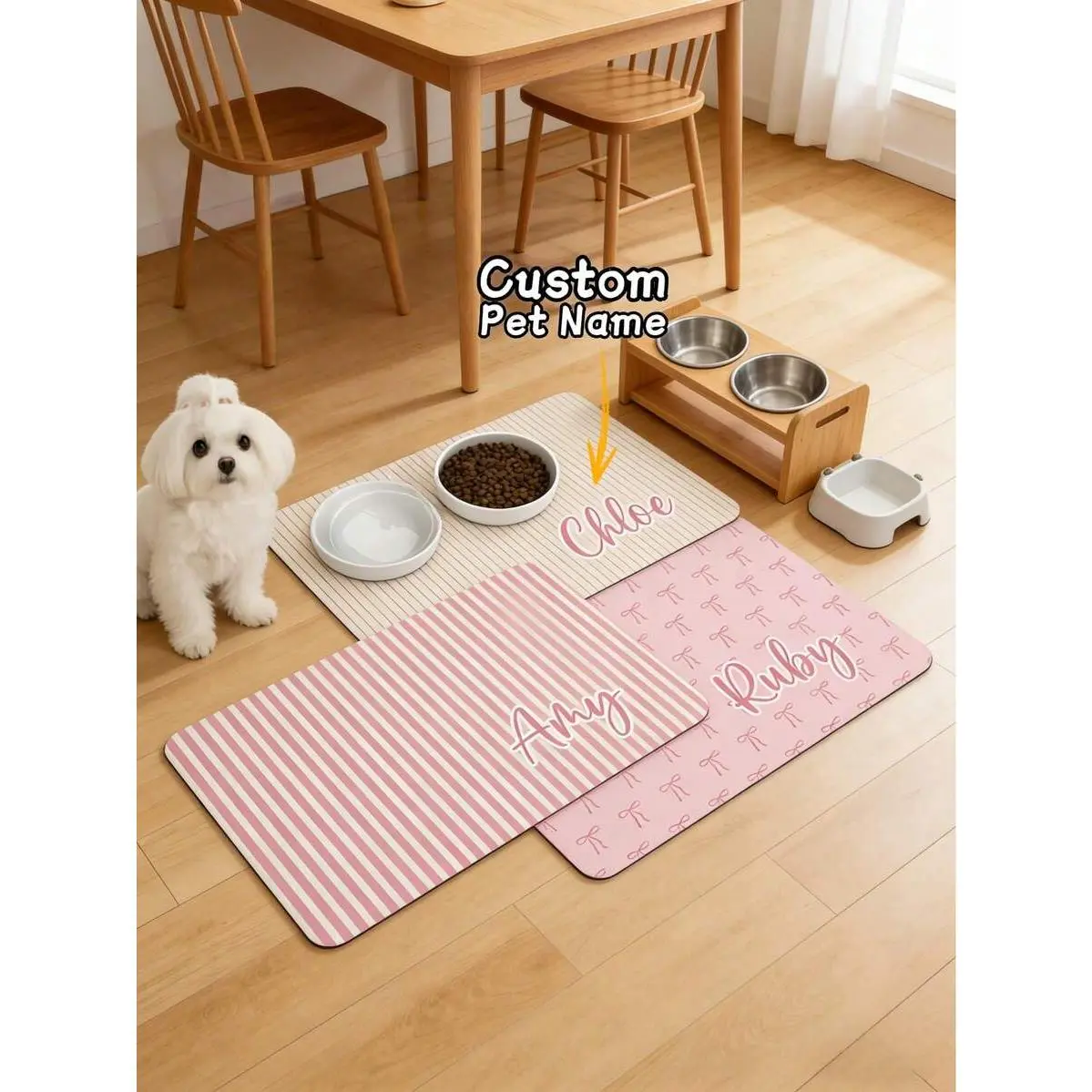 A Customizable Pet Name Feeding Mat, A Personalized Dog And Cat Food Mat With Bow Or Stripe Designs, Made Of Diatomaceous Earth, A Stylish Home Decor Feeding Accessory, The Perfect Gift For Pet Lovers, Suitable For Dog Moms, Cat Dads, Family And Friends,