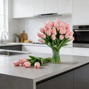 Artificial tulip bouquet, realistic flowers, with green plants, plastic dining table centerpiece decoration, suitable for weddings, Easter vase arrangements, indoor and outdoor decorations, multi-holiday table decorations