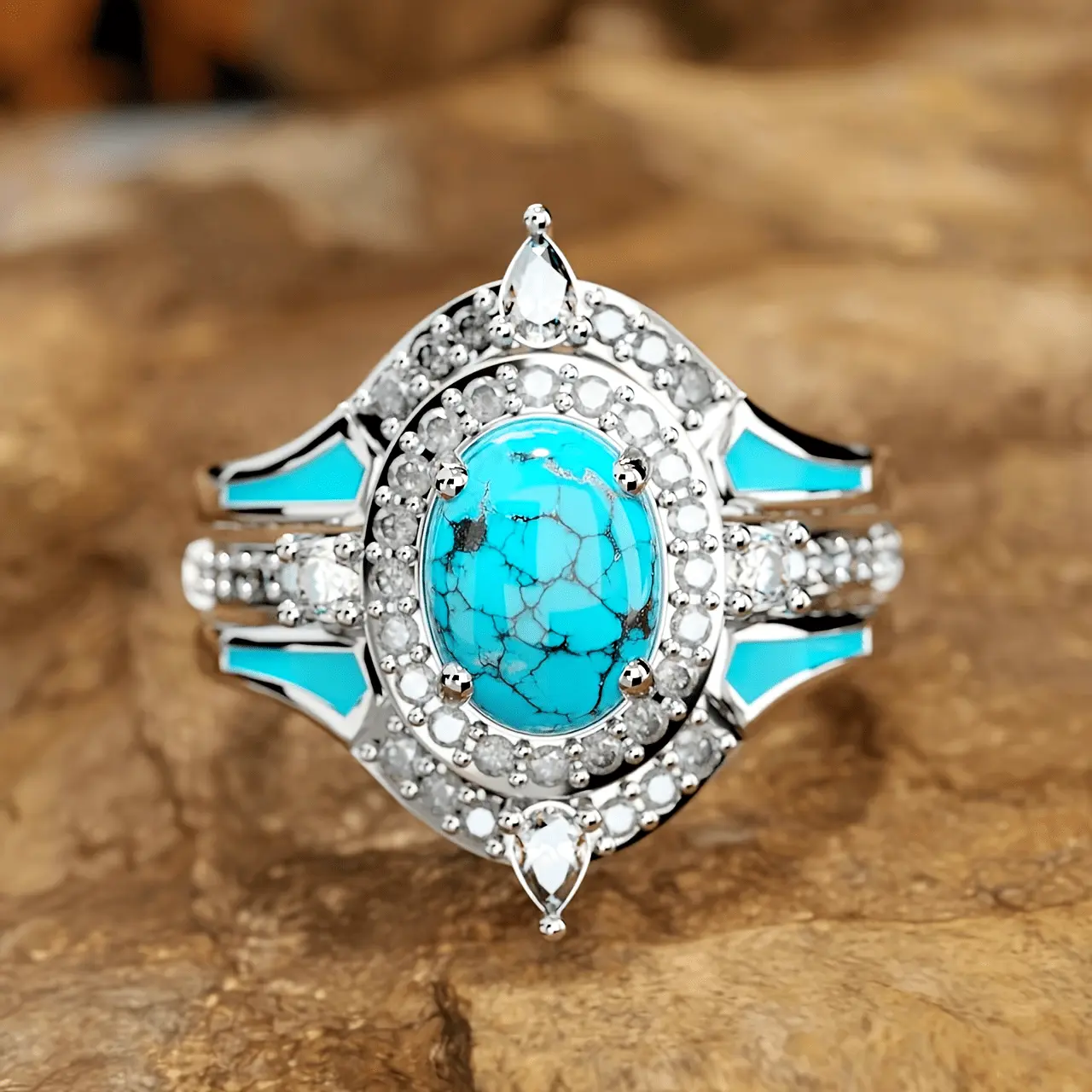 3pcs Retro Turquoise Mosaic Ring Set - Durable Material, Distinctive Rings for Female Wear, Engagement, Anniversary, Sizes 6-9