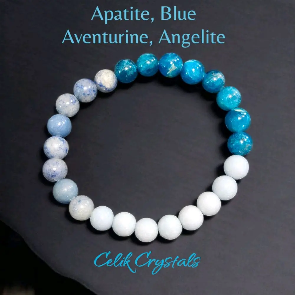Apatite, Blue Aventurine, Angelite Bracelet 8mm Natural Stones Stretches Unisex Healing Bracelet Handmade