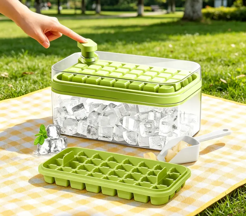 Ice Cube Tray with Lid and Bin - 1 Pack Silicone Ice Cube Trays for Freezer, Stackable Ice Bucket Kits with Storage Container & Scoop for Kitchen, RV, Cocktail, Coffee SummerWins DealsforYouDays