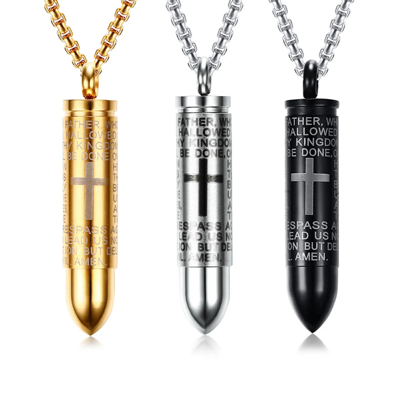 OIDEA Stainless Steel Bible Verse Cross Bullet Locket Pendant Necklace Set for Men, Christian Faith Religious Design Cross Emblem Jewelry, Religious Design Necklaces, Cross Emblem Necklaces