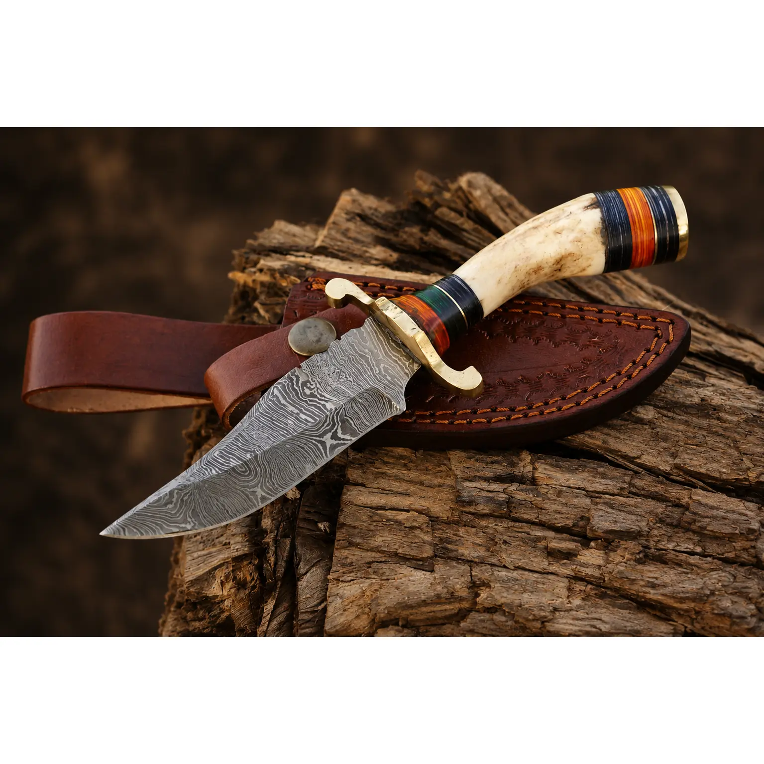 Heritage Damascus Steel Knives - Hand Forged 512-Layer Compact Fixed-Blade Knife with Stag Handle, Brass Guard, Leather Sheath for Camping & Hiking, Compact Fixed Blade Fixed-Blade Knives