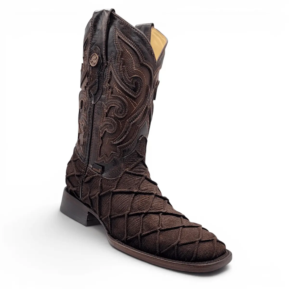 Men's Cowboy Boot with Square Toe, Embossed Nobuck Leather in Pirarucu Style, Chocolate Color – Hooch Boots H52F9472