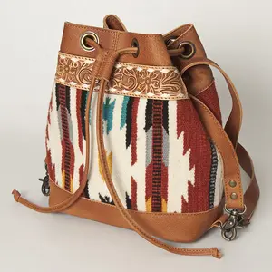 American Darling Bucket Bag for Women, Hand Tooled Floral Leather, Hand-Woven Saddle Blanket, Western Style Genuine Leather