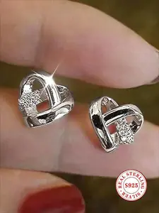 S925 Sterling Silver Heart Stud Earrings - Hypoallergenic Interwoven Hollow Heart Earrings with Paved Zircon, Dainty Minimalist Jewelry for Women Girls, Daily Wear & Gift