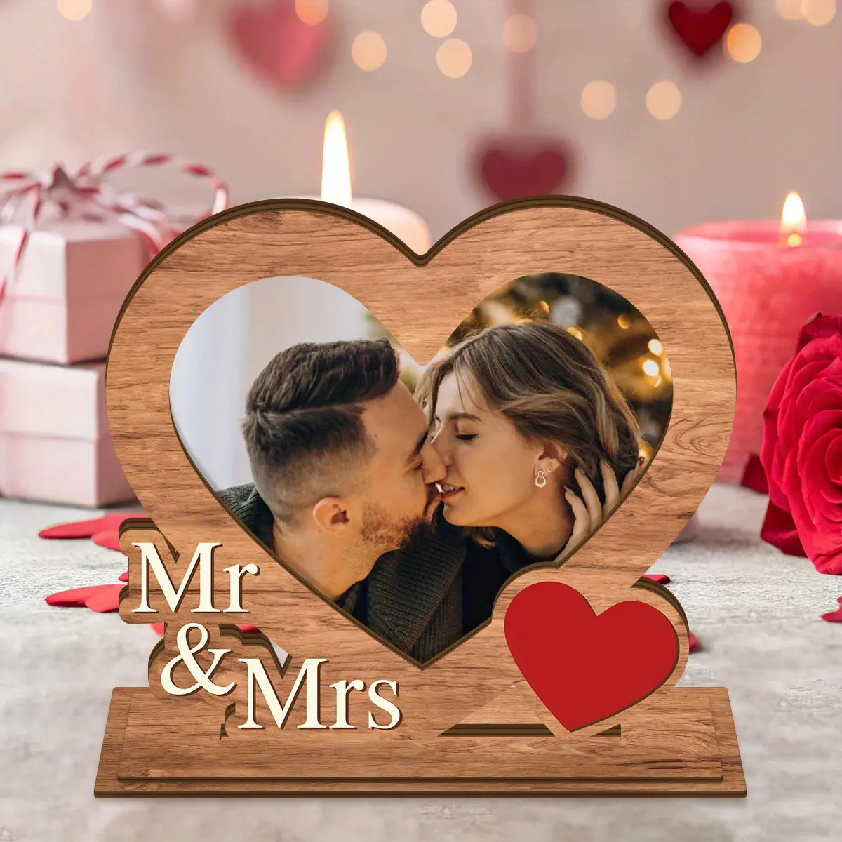 Rustic Mr & Mrs Wooden Photo Frame, Heart Shaped, Pink Romantic Design for Couples, Ideal Wedding & Valentine'S Day Gift, Romantic Gift Idea, Heart Decor, Office Decoration