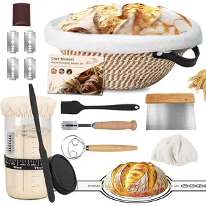 Sourdough Starter Kit, 10inch Round Bread Proofing Basket, Sourdough Bread Baking Supplies with Starter Jar, Bread Suspenders, Cutter, Danish Dough Mixer Sourdough Set Gift (Khaki)