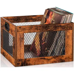 Wooden vinyl record storage crate/holder, classic cube record organizer for 100+ records, brown vinyl record holder for albums, super easy to assemble