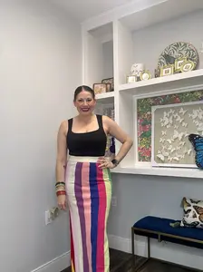 QOS Rainbow Striped Knit Midi Skirt