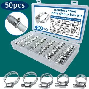 50 Piece Adjustable Stainless Steel Hose Clamp Kit, 1/4-2 Inch Worm Gear Tube, Fuel Hose, Water Hose for Pipes, Washing Machine, Machinery, Garden, Car