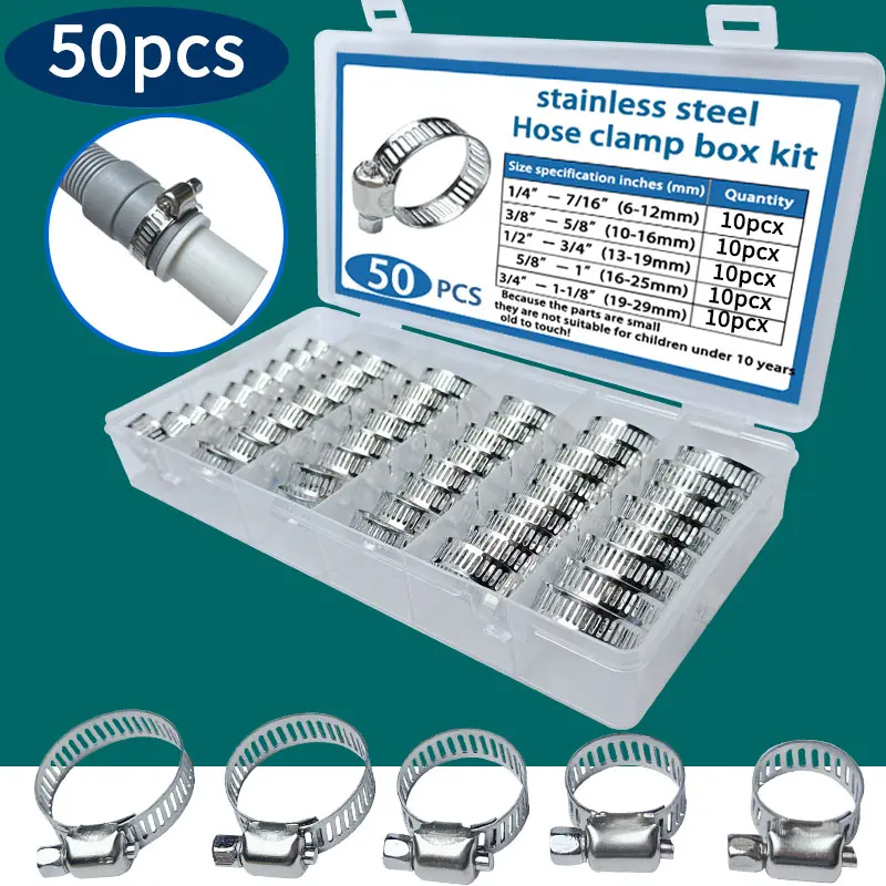 50 Piece Adjustable Stainless Steel Hose Clamp Kit, 1/4-2 Inch Worm Gear Tube, Fuel Hose, Water Hose for Pipes, Washing Machine, Machinery, Garden, Car