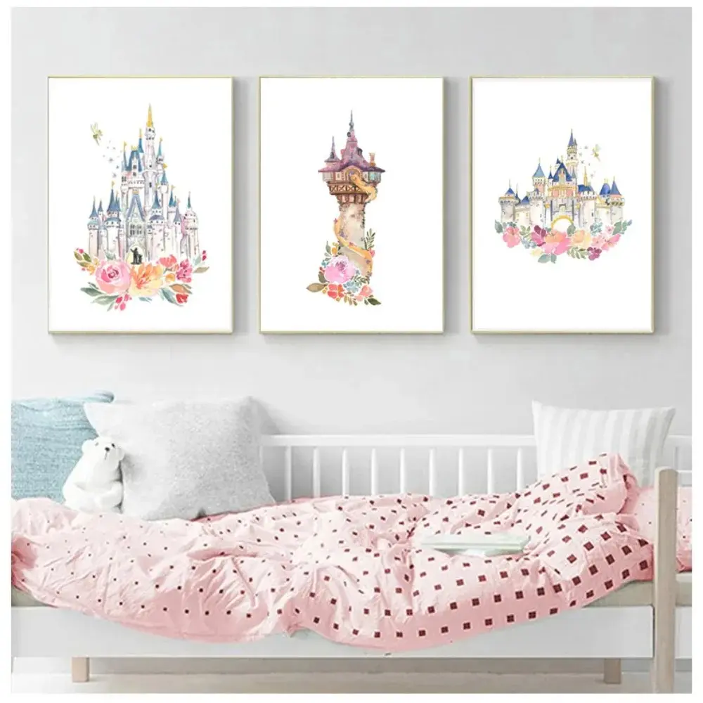 3pcs/set Fantasy Princess Castle And Flower Decorative Wall Art Picture Triple Canvas Painting Canvas Print Picture Girl Room Decoration Gift Vibrant Cartoon Design Cartoon Art Poster Home Decor