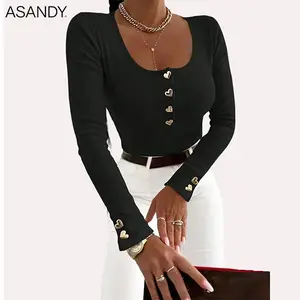 ASANDY Y2K Heart Button Ribbed Long Sleeve Top | Aesthetic Bodycon Crop Shirt for Streetwear/Date Night