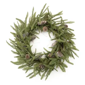 360 Stand Melrose 95094DS 24 in. Plastic Frosted Pinecone Wreath - Frosted Pine Wreath with Green & Brown Rustic Pine Foliage, Festive Christmas Ornament for Door, Indoor Use, Decor, Decoration