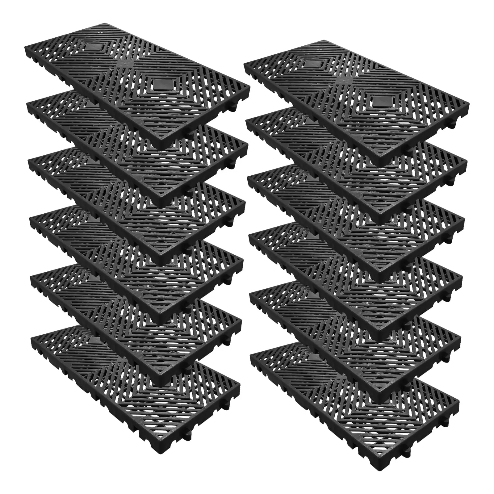Garvee Set of 12 durable, lightweight, and waterproof plastic pallets designed for breathable storage solutions in basements, suitable for both indoor and outdoor use with interlocking breathable grids