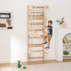 6-in-1 Swedish Ladder Wall Gym, Indoor Kids Playground with Swing, Rope Ladder, Pull-Up Bar, Slide, Gymnastic Rings, Wooden Wall Mounted Indoor Play Set for Kids & Adults outdoorfun