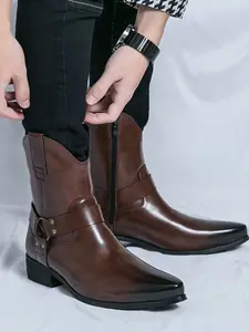 Couple Pointed Toe Chunky Heel Short Boots, Vintage Classic British Style Embroidered Knight Boots, Chelsea Western Boots, Casual Fall & Winter