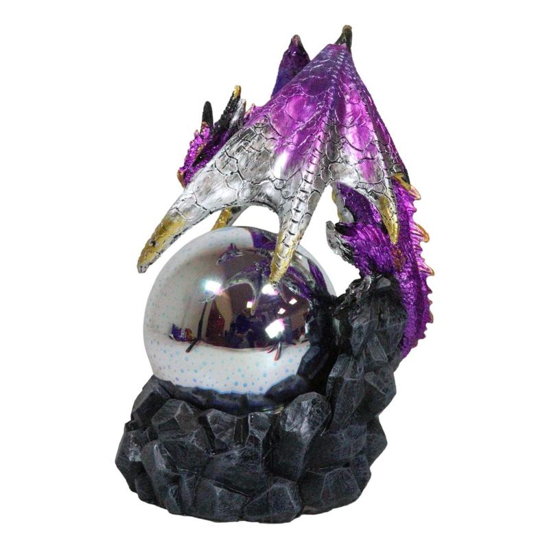 Purple Silver Gold Wyvern Dragon On Rocky Cliff With LED Optic Ball Figurine