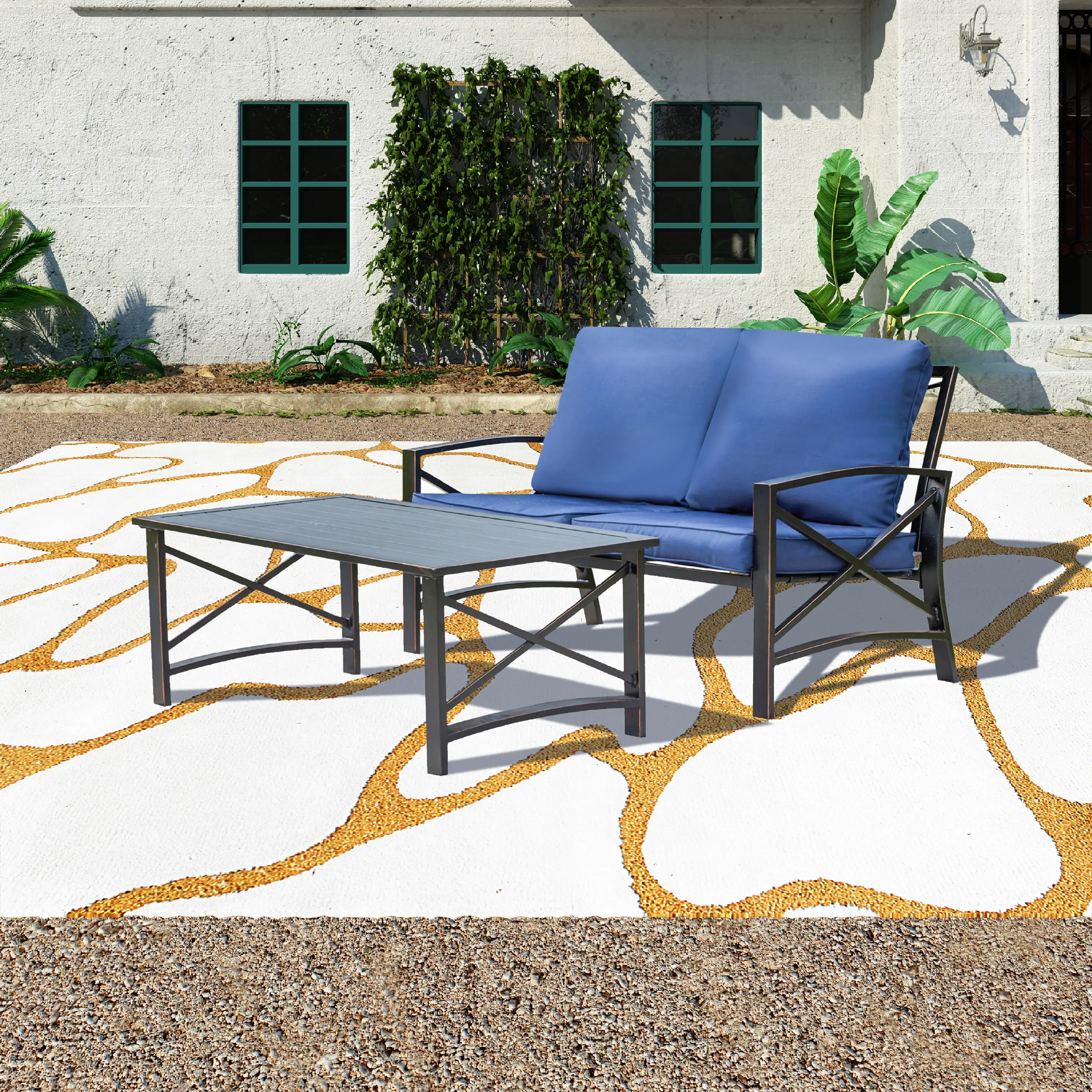 Top Space Modern Outdoor Conversation Sectional Set with Cushions, Coffee Table, and Metal Frame - Set of 2