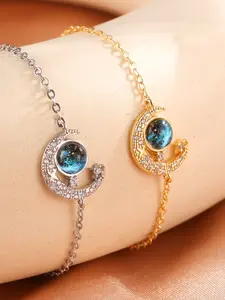2 Piece Elegant Bohemian Style Planet Moon Bracelet Set, Copper Shiny Zirconia for Women Elegant Jewelry Bracelet, Perfect for Daily and Party Wear