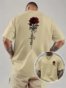 Men's Trendy Loose Round Neck T-Shirt, Blood Rose Pattern Design, Short Sleeve Printed Tee, Casual Fitted Long Clothing, Gift Idea
