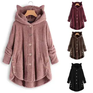 Autumn and Winter Button-up Hooded Cat Ears Plush Top Irregular Solid Color Coat Women