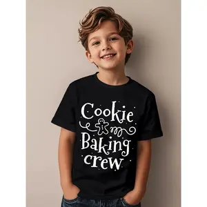 Cookie Baking Crew Baker Bake Christmas Baking T-Shirt - & Short Sleeve Tee with Cookie & Icing Face Design, Casual Baking Party Outfit, Machine Washable Year-Round (3-13Y)