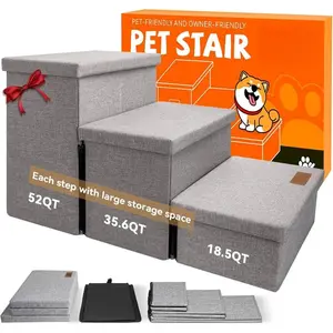 Dog Stairs with Storage 17.5" H, 3-Step Wider Dog Steps for Small/Medium/Large Dogs Cats, Folding Sturdy Pet Stairs Climbing Bed or Sofa, Dog Ramp for Car Hold Up to 200 lbs (Smok Gray, No Condo)