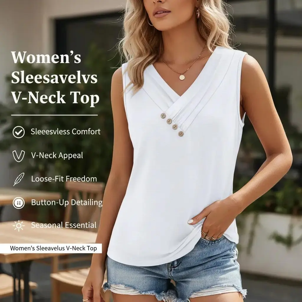 WIHOLL Women Summer Button Down V Neck T Shirts Sleeveless Loose Fit Fashion Tops