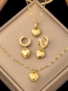 Elegant Women's Jewelry Set, Stainless Steel Heart Pendant Necklace Bracelet Earrings, Fashionable Daily Wear Accessories
