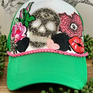 Floral Skull Patch Hat with Bling Embellishment