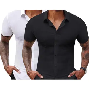 VYX 2-Pack Alimens&Gentle Stretch Dress Shirts for Men Short Sleeve Slim Fit Casual Button Down Shirts Muscle Fit Men's Dress Shirts