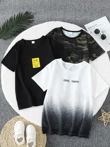 Boys' Summer Letter Print Short Sleeve T-Shirt Set, Cool Graphic Tee, Casual Slim Fit Cotton Tops, Kids Clothing for Daily Wear & Play