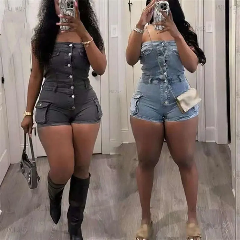 Women's Denim Overalls Romper - Womenswear Tube Jumpsuit with Comfy Spandex Fabric, Y2K Korean-Inspired Elegant Street Style, for Outdoor Casual Parties