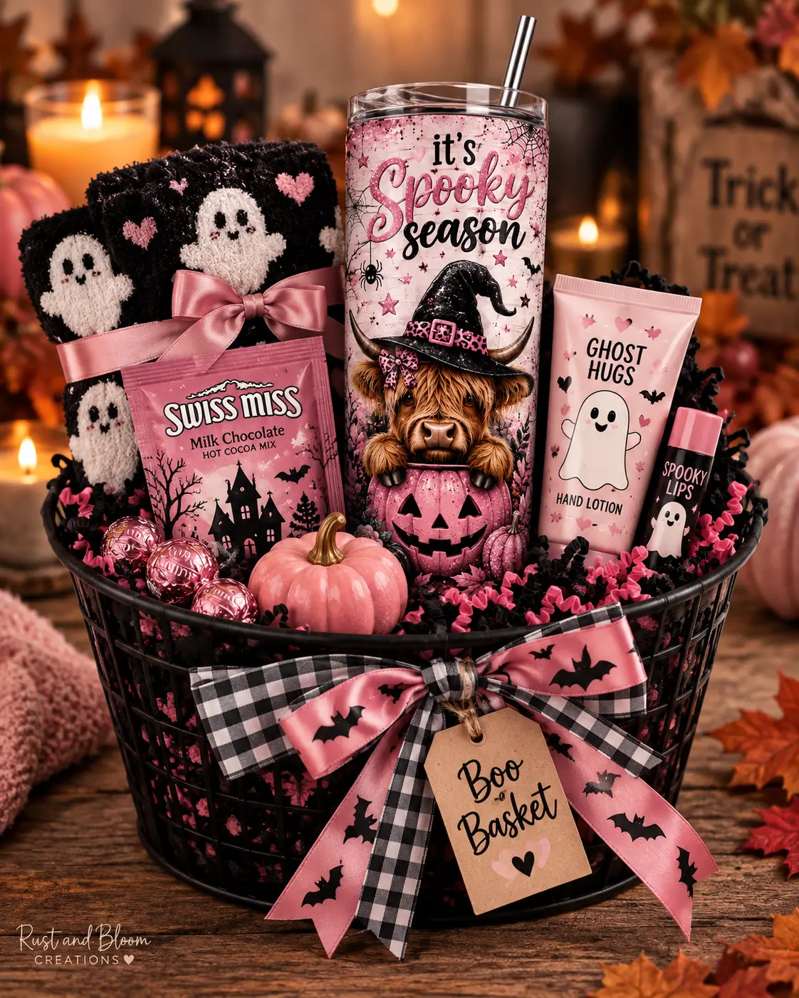 Spooky Season Highland Cow Halloween Boo Basket Gift Set, Festive Party Gift with 20oz Tumbler