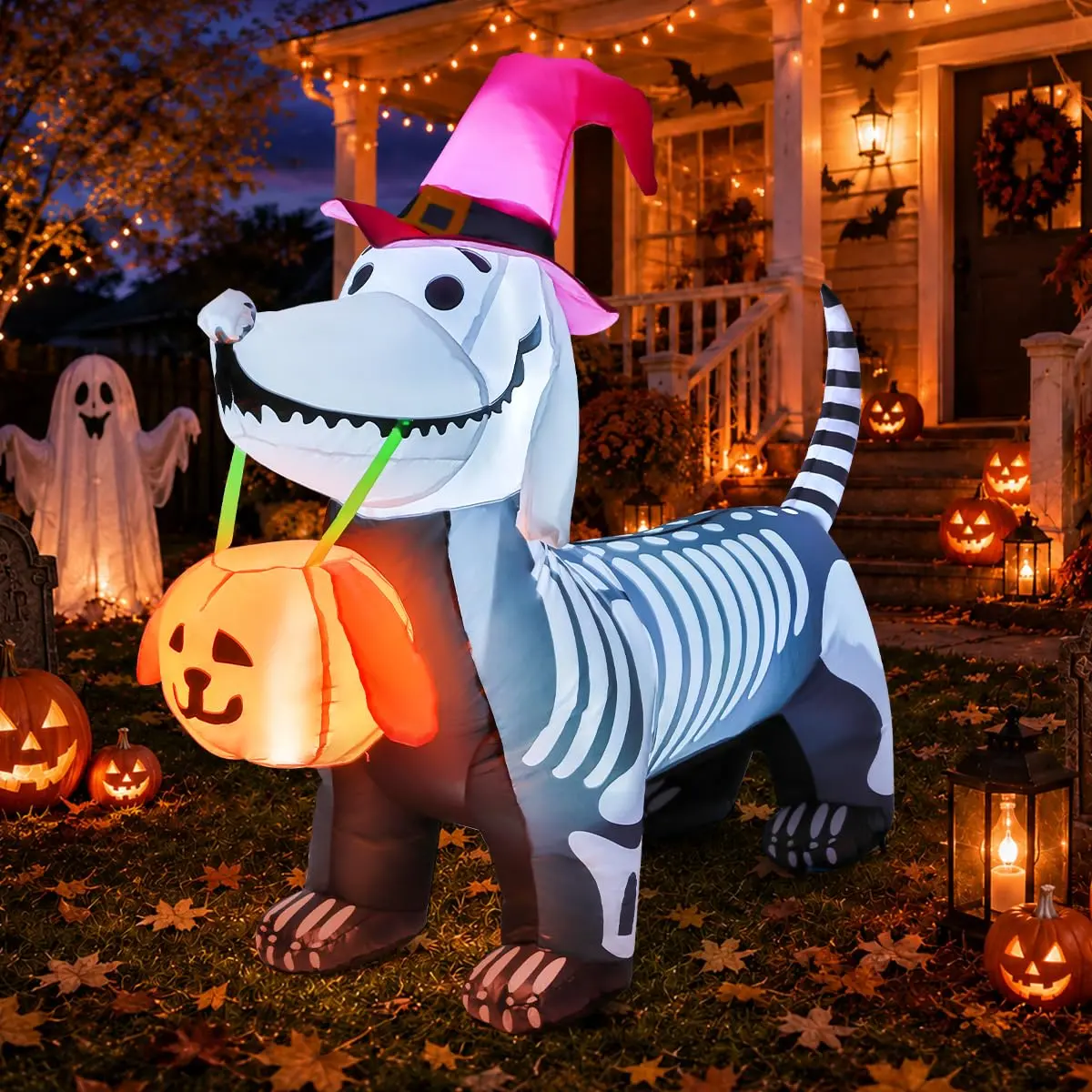5.5FT Halloween Inflatable Skeleton Puppy with Pumpkin and Built In LED Lights, Blow Up Yard Decoration for Lawn, Garden, Party and Indoor Outdoor Decor