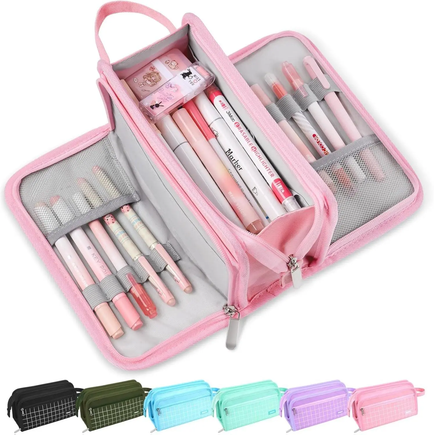 Large Pencil Case, Big Capacity Pencil Pouch Pen Bag with 3 Compartment, Portable Canvas Stationery Organizer with Zipper, Cute Aesthetic School Supplies for Teen Girls College, Pink with Plaid