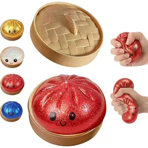 Glitter Dumpling Squishy Box, Dumpling Squishies, Sensory Squeeze Toy for Stress Relief, Soft Decompression Dough for Adults Office and Home Use (Gold Powder Emoji bun)