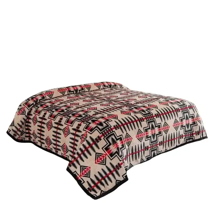Red/ Tan Beige Aztec Super Plush King Size Blanket