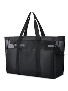 Beach Bag XXL Family with Zip Beach Bag Women's Large Mesh Beach Bag Shopper Foldable Shoulder Bags Bath Bag for Beach Travel Toy Storage Gym Black Travel Essentials Travel Bags for Toiletries