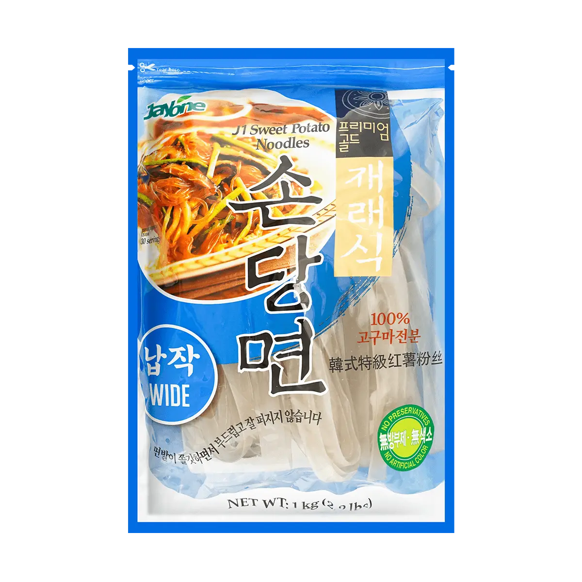 JAYONE Korean Sweet Potato Noodles - Wide Glass Noodles (Dangmyeon) for Japchae, 1kg