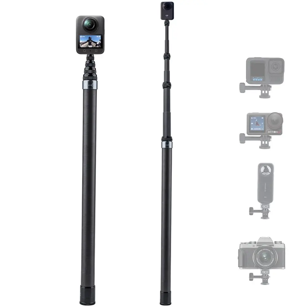 Carbon Fiber Extendable Selfie Stick Camera Accessory with 3m Hidden Compact Aluminium Pole, 360° Shooting, 1/4" Screw Mount, Storage Design, Compatible with Insta360 X5/X4, GoPro Hero 12/11/10, DJI Action Cameras for Content Creators, Accessories