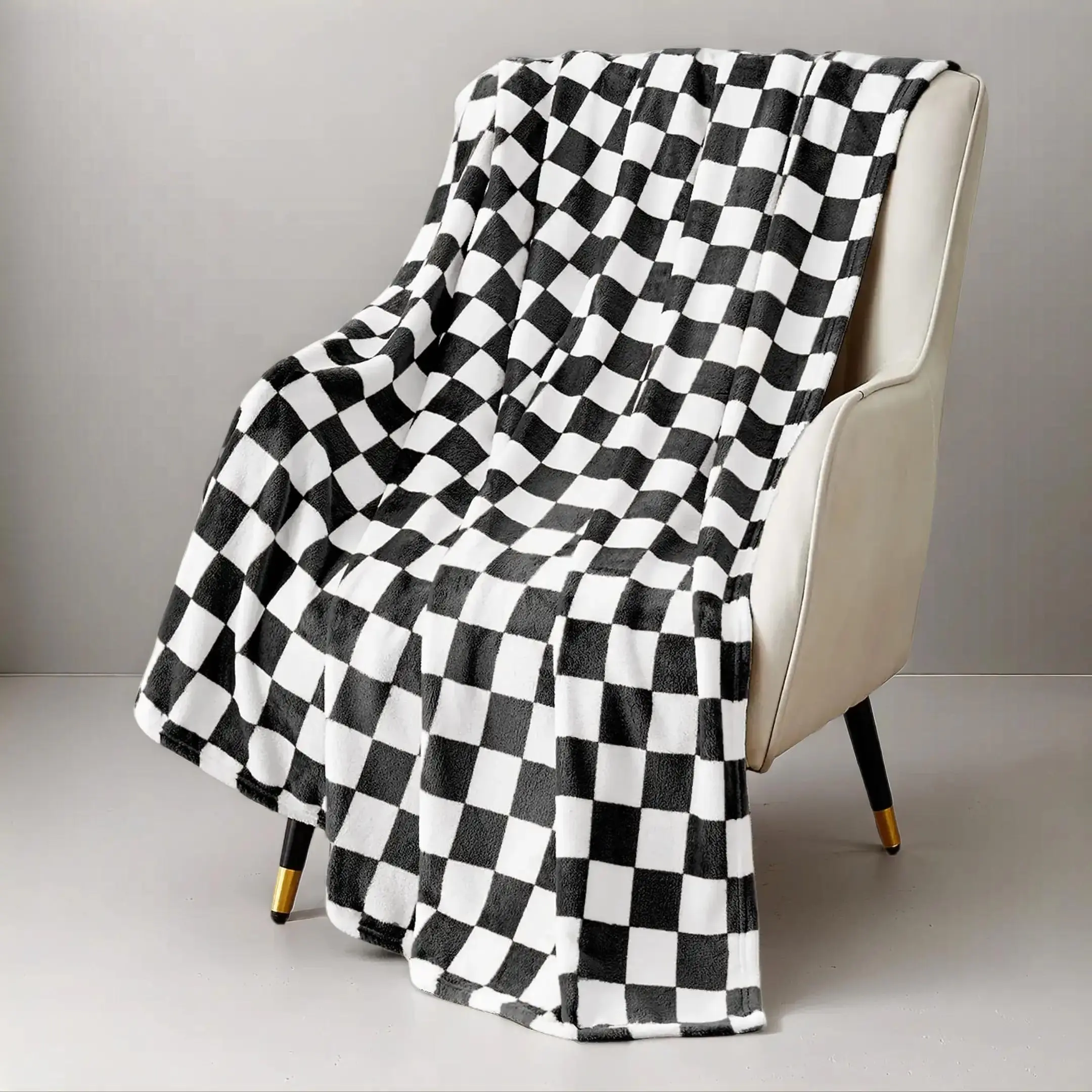 Classic Black & White Checkered Grid Blanket, Soft Flannel Throw, Minimalist Checker Print Nap Blanket, Warm Cozy Bedroom Couch Blanket, Popular Modern Farmhouse Decor Blanket, Giftable Blanket for Trendy Home Decor Fans