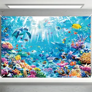 2D Flat Marine Life Seabed Scene Backdrop, Polyester Banner with Sea Turtle Fish and Coral Design, Universal Festive Decor for Parties and Summer Activities, Photo Booth, Party Banner